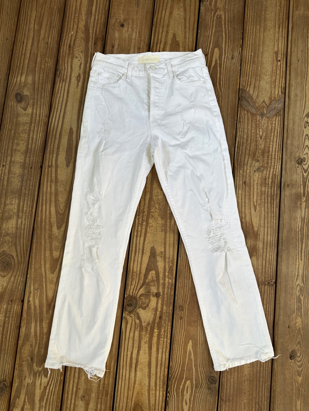MOTHER The Tomcat Ankle Quite Innocent Distressed White Jeans 27